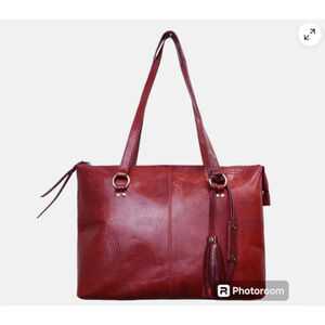 DIBA True Genuine Red Leather Tote Bag w/ Tassels Boho Top Handle Shoulder Bag